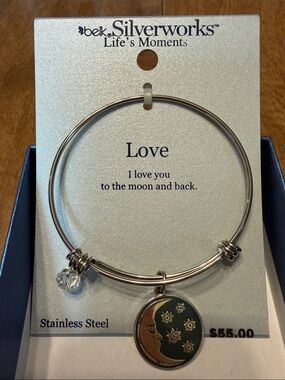 Silverworks Stainless Steel 'Love' Moon & Stars Charm Bangle - Silver